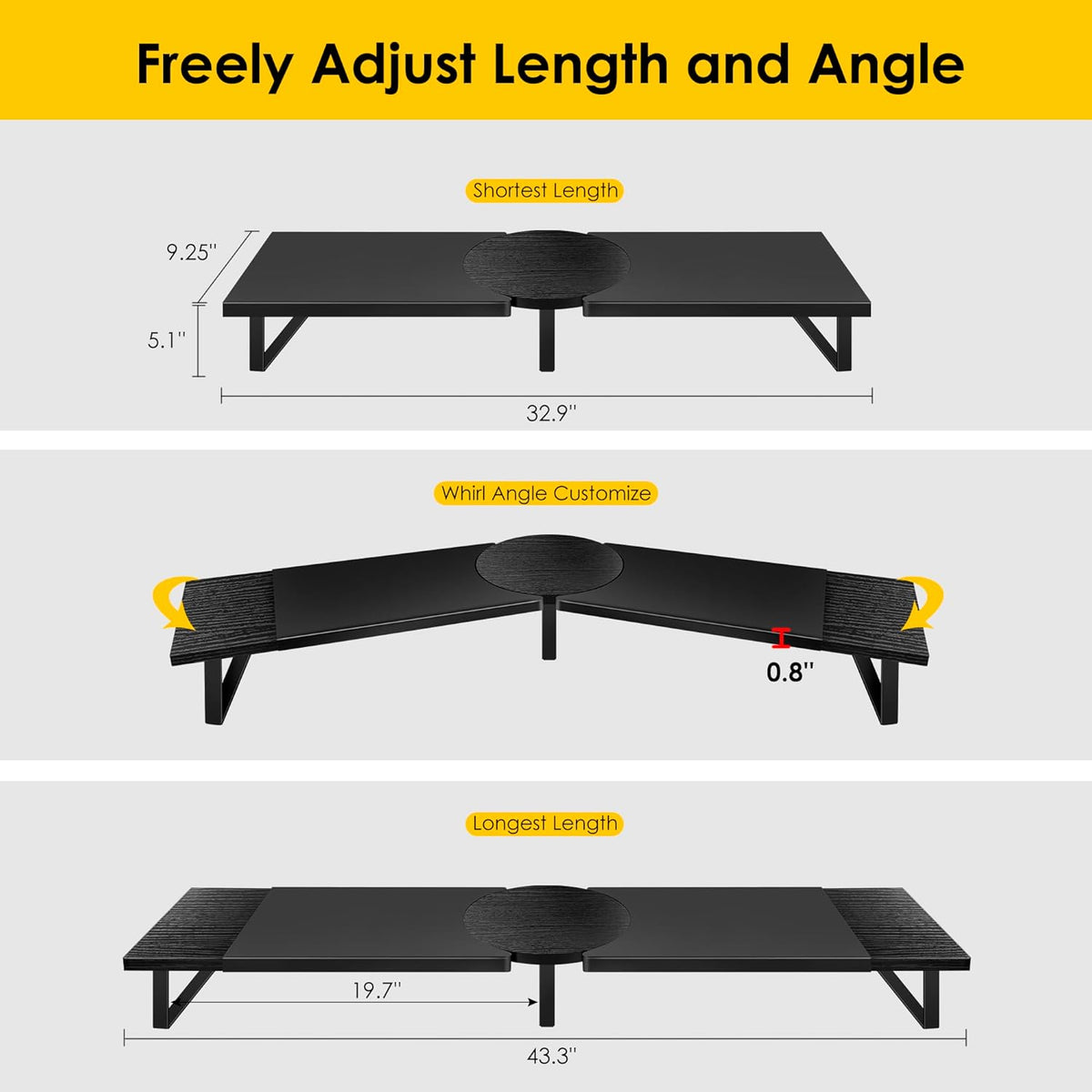 Dual-Monitor Stand for Desk - Large Adjustable Length and Angle Riser for 2 Monitors, Double Computer Desktop Organizer, Shelf for TV, Laptop, Printer
