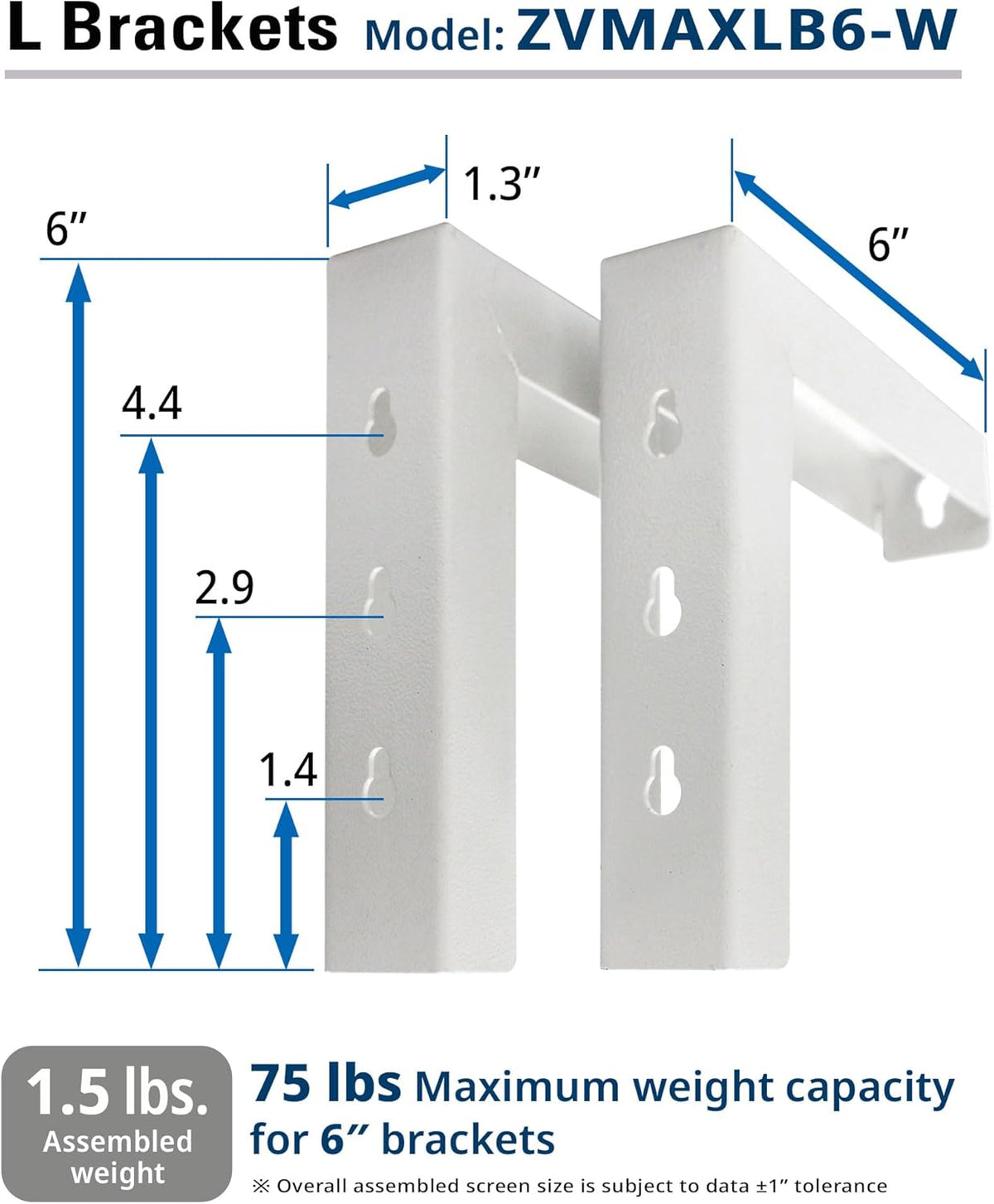 6" ZVMAXLB6-W Elite Screens White Projector Screen L-Brackets, Single Metal Welded Construction, Wall or Ceiling Mount