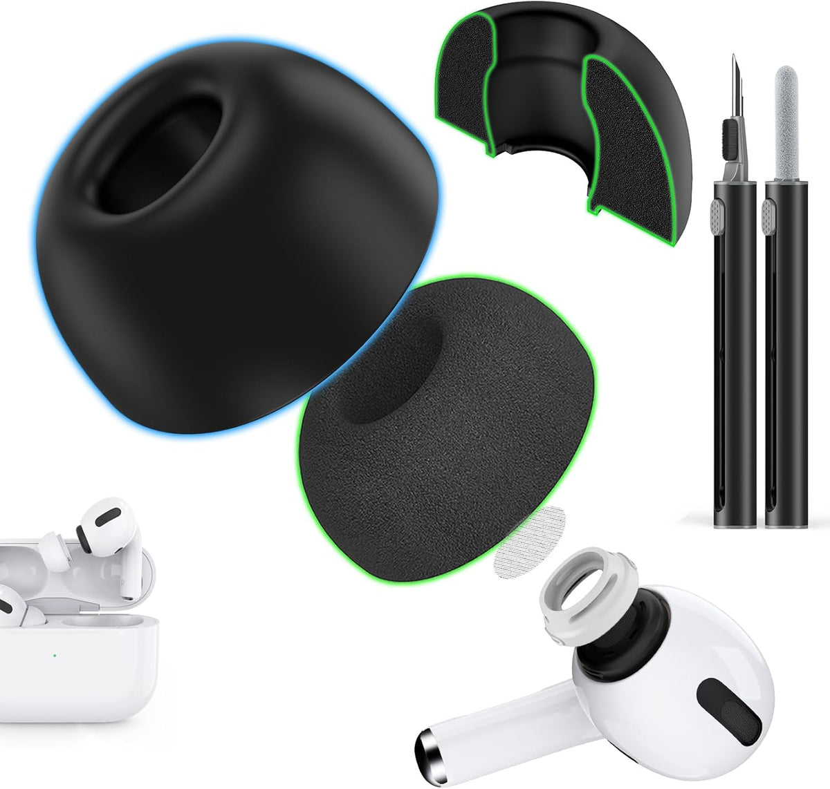 Compatible with AirPods Pro 2nd/1st Generation Silicon+Memory Foam Replacement Ear Tips,with Noise Reduction Hole &Built-in dust Guard Screen,for USB-C Charging Case-3 Sizes (S/M/L)
