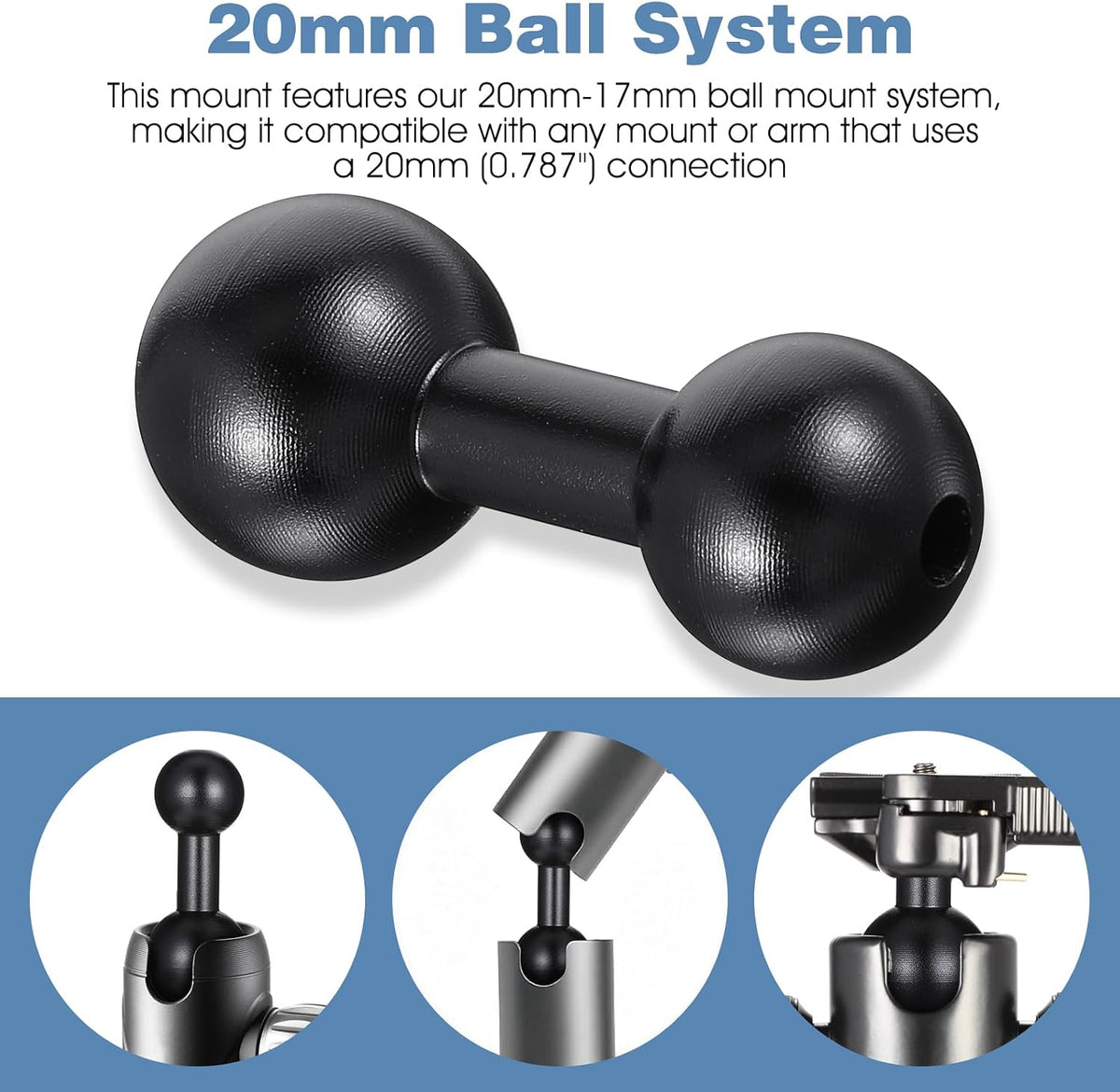 Exircy 20mm 17mm 17mm Aluminum Ball to Ball Adapter Extension Connector, Black Balls Mount Arm for GPS Devices
