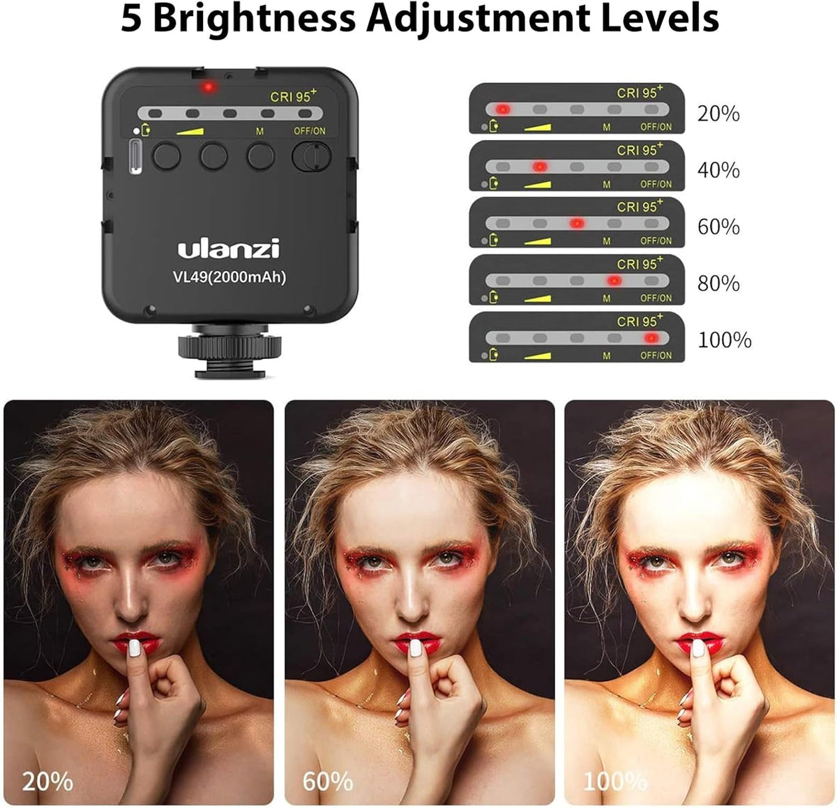 ULANZI VL49 2000mAh LED Video Light w 3 Cold Shoe, Rechargeable Soft Light Panel, Portable Photography Lighting for DJI OSMO Sony DSLR Canon Camera GoPro Vlogging