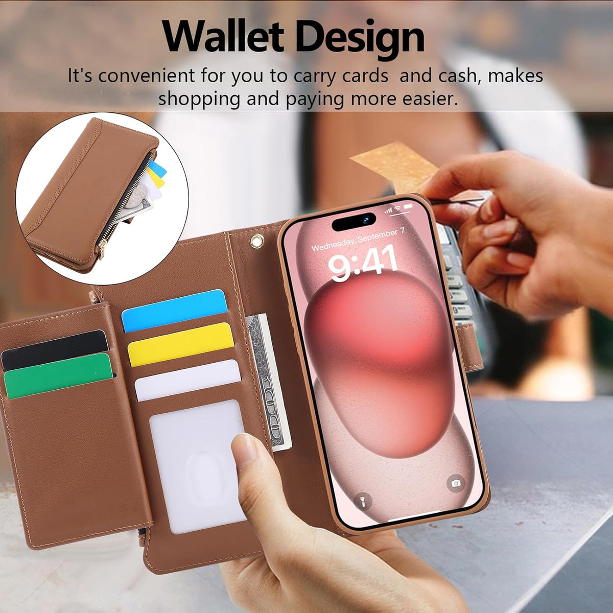 Compatible with iPhone 16 Wallet Phone Case-PU Leather Magnetic Flip Cover with Credit Card Slots,Zipper Pocket & Detachable Wrist Strap,Shockproof Design,for Women and Men-Brown