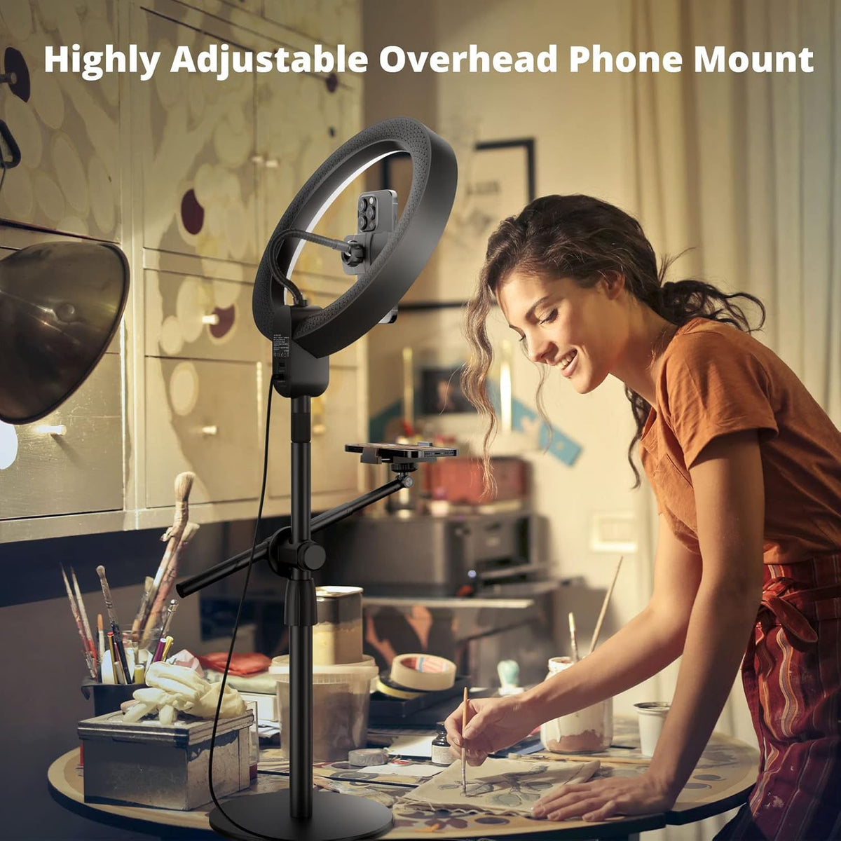 12" Ring Light with Stand and Phone Holder,Overhead Phone Stand,2 Phone Holders,2700-6500K,3 Color Modes,10 Brightness Levels,Remote Control,Adjustable,Live Stream,Tiktok/YouTube