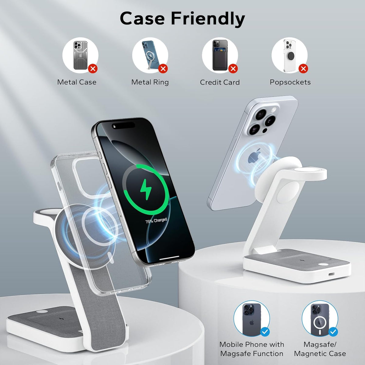 3 in 1 Foldable Wireless Travel Charging Station for MagSafe, Nightstand Magnetic Charger Stand for iPhone 16 15 14 13 Pro Max, Mag-Safe Charging Dock with Night Light for Apple Watch/AirPods