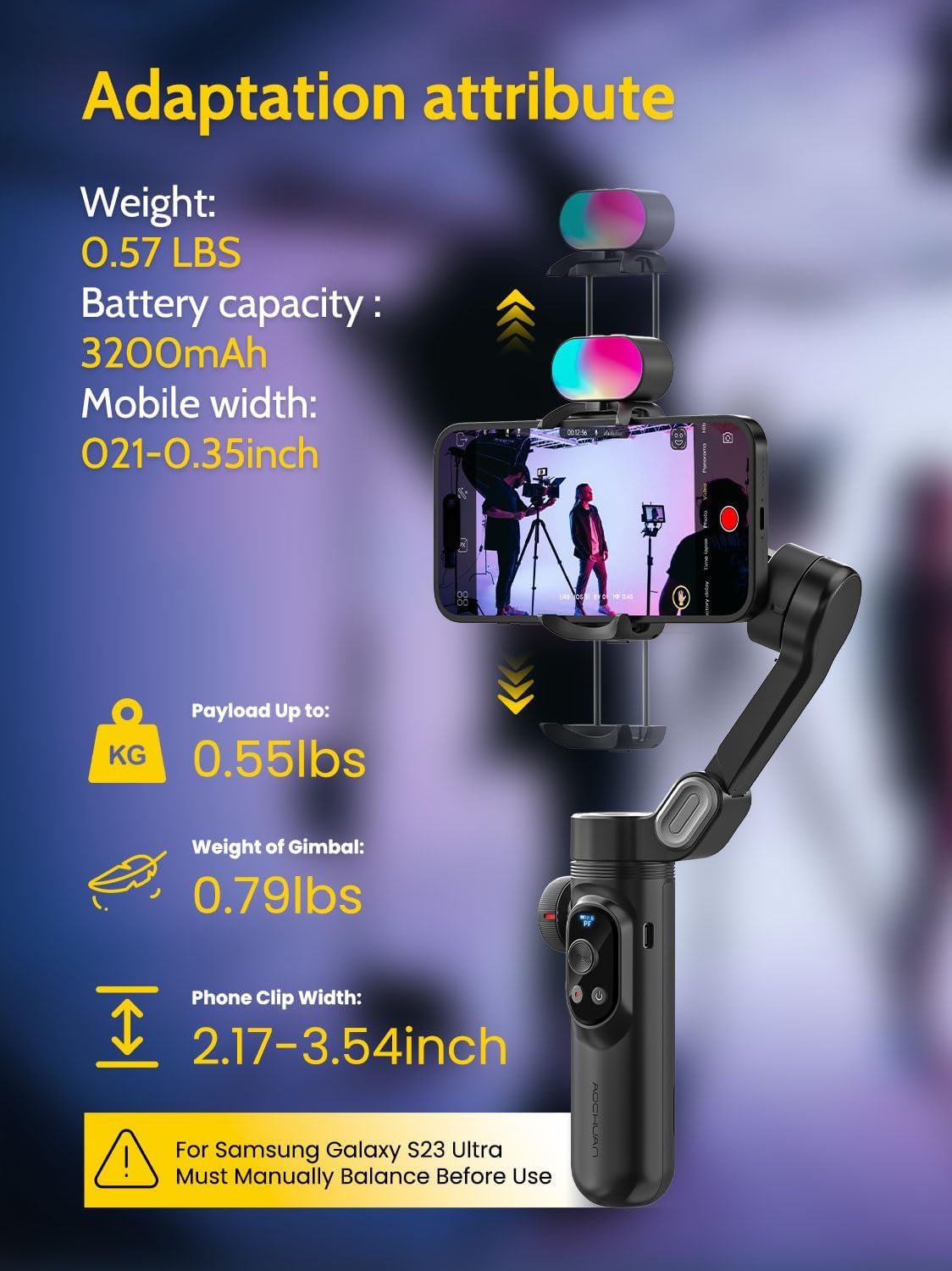 Professional Gimbal Stabilizer for Smartphone,RGB Magnetic Refill Light,OLED Display LED Light,face Tracking,Gesture Control,Professional 3-axis stabilizer for Android &iPhone, AOCHUAN XPRO KIT Black