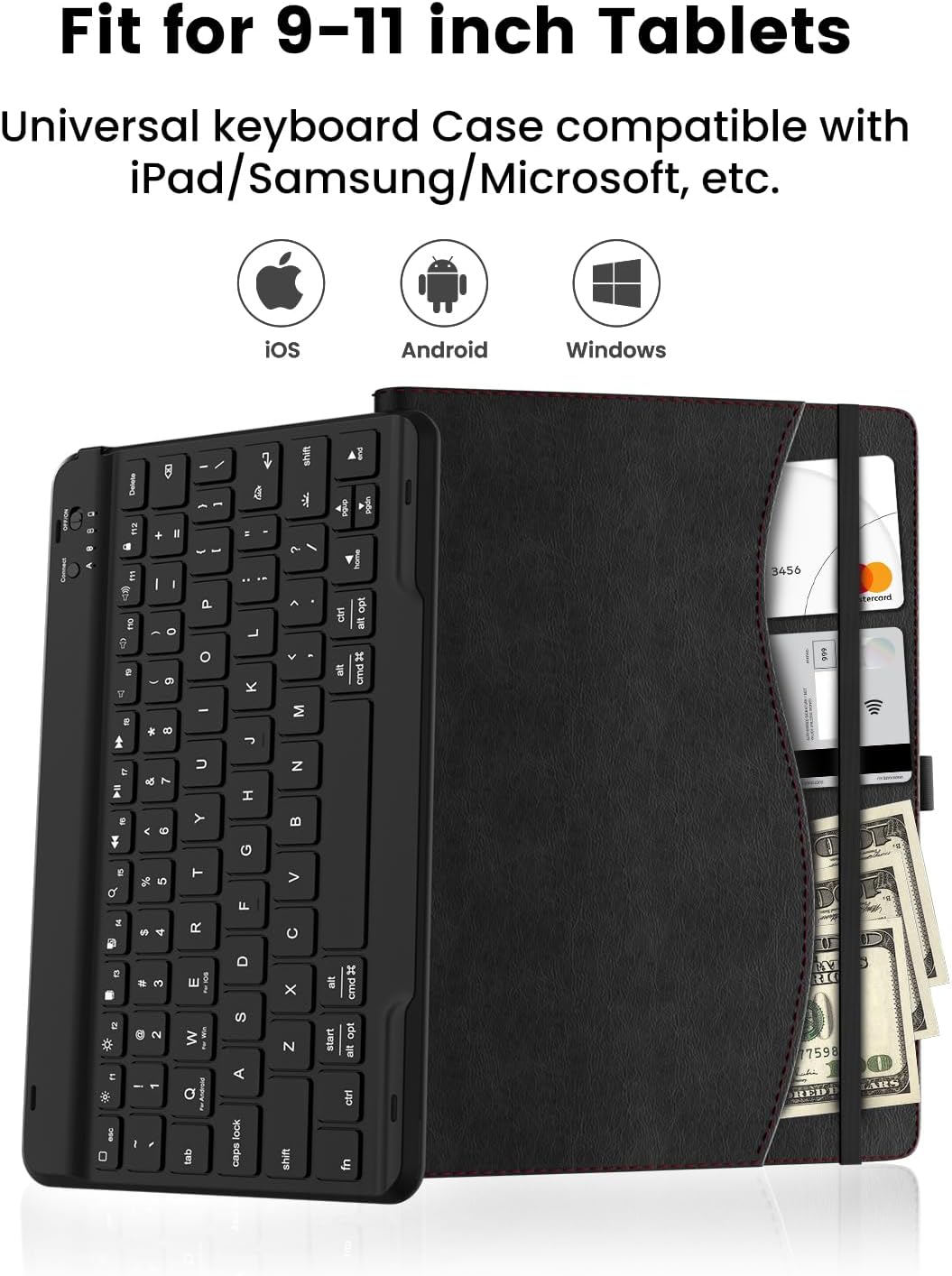 Leather Keyboard Case for 9",9.7",10.1",10.2",10.5",10.9",11" Tablets,7 Colors Backlit,Bluetooth Wireless Keyboard with Pocket Leather Folio Cover(Black)