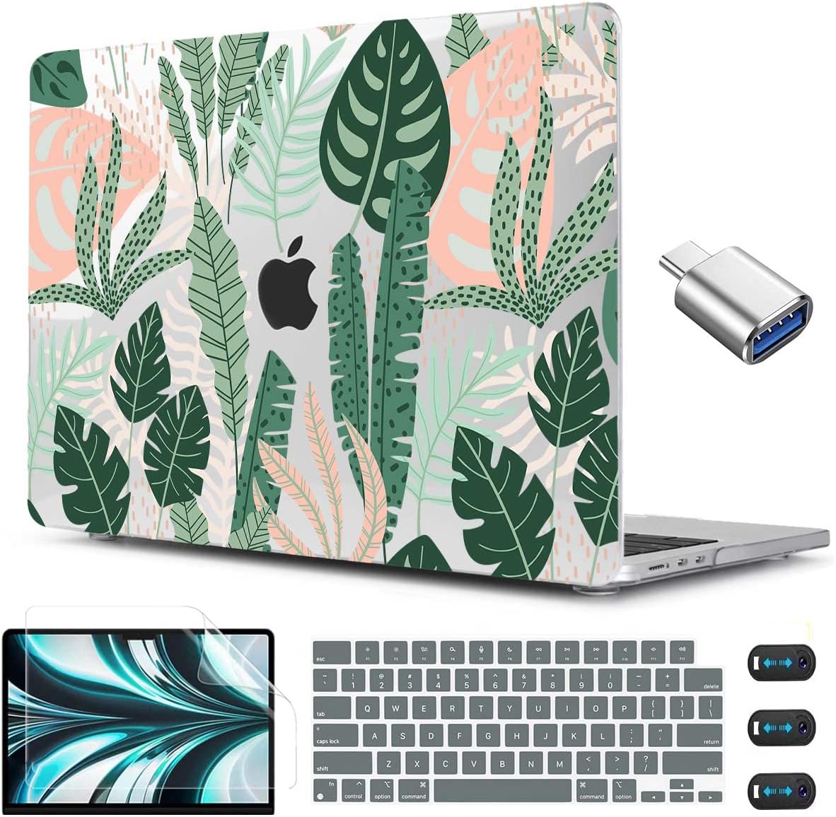 CISSOOK MacBook Air 13.6 inch Case A2681 M2 A3113 M3 with Touch ID, Tropical Palm Leaves, Hard Shell, Keyboard Cover, Screen Protector, Type C Adapter