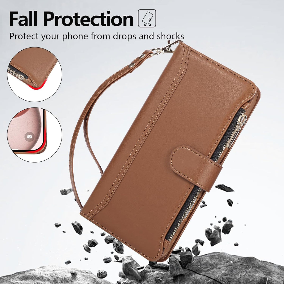 Compatible with iPhone 13/14 Wallet Phone Case-PU Leather Magnetic Flip Cover with Credit Card Slots,Zipper Pocket & Detachable Wrist Strap,Shockproof Design,for Women and Men-Brown