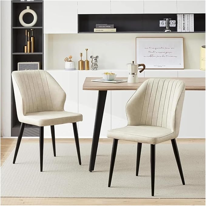 Adjustable Office Computer Chair with Armrest 1pcs Leather Upholstered Kitchen Dining Chairs with Curved Backrest and Metal Legs(Cream)