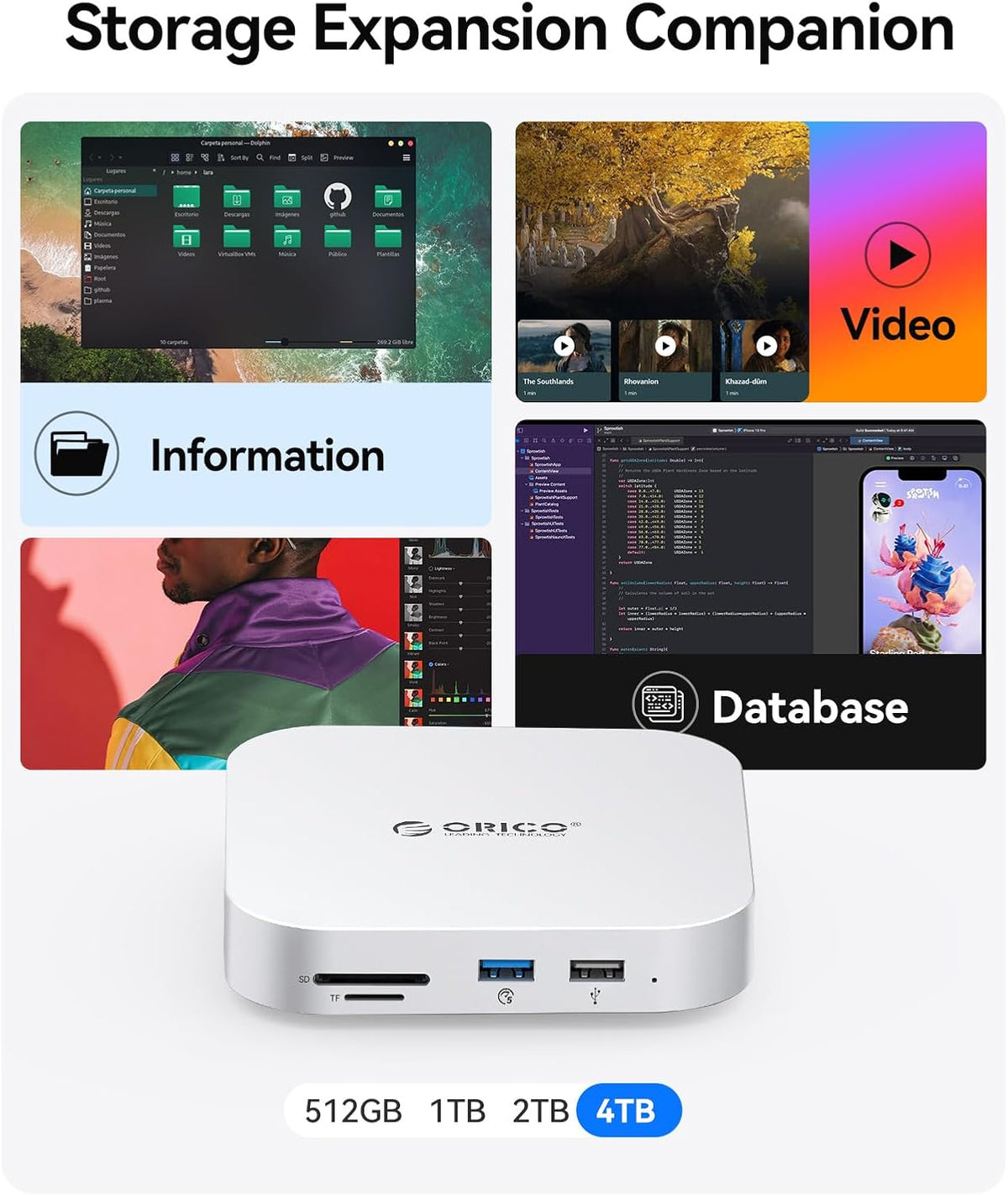 ORICO MiniMate SE Mac mini M4 512GB Storage & Docking Station, External SATA SSD (Non-Removable) 5Gbps(480MB/s), USB A*4, USB-C, SD/TF 3.0, 3.5mm Audio, Includes 2 Cables – M4SE