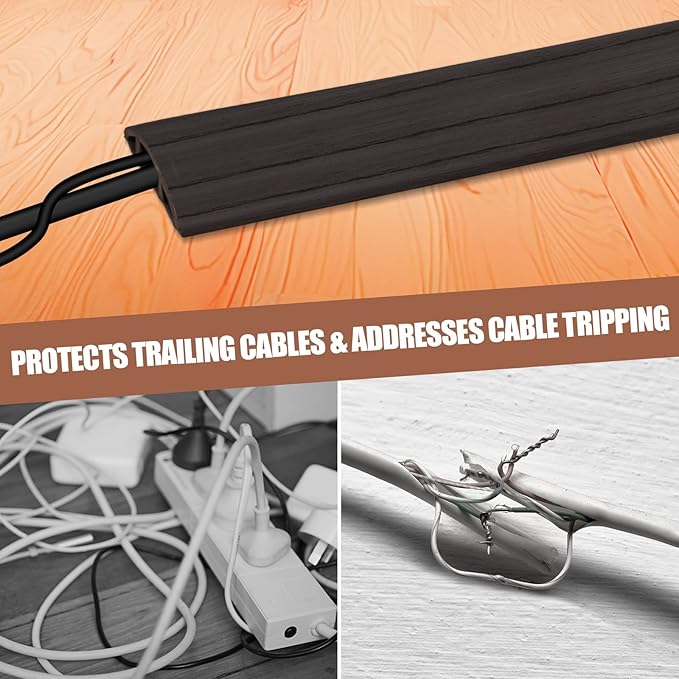 Floor Cord Cover Self Adhesive Cord Hider,20FT Cable Management, Extension Strip Protector for Wires, Prevent Cable Trips for Offices, Gyms, Exhibitions Cavity:0.39"(W) x 0.27"(H) Black Wood