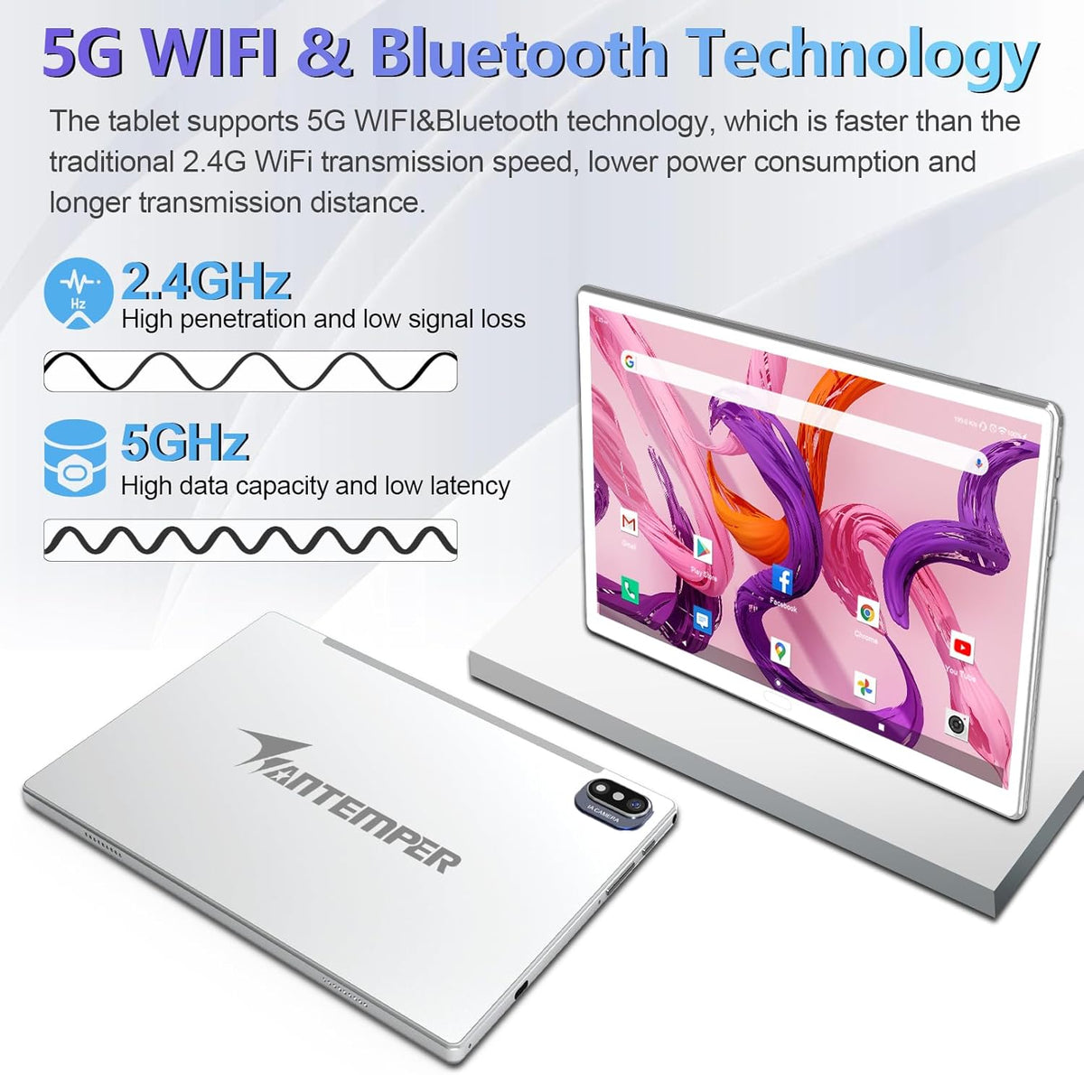 ANTEMPER Latest Android Tablet 10.1 Inch, 5G WiFi Tablets Mit 16GB RAM+128GB ROM(1TB TF),2 in 1 Tablet with Keyboard Mouse Pen-Octa-Core2.0Ghz | 7000mAh | 1080FHD | 13MP Camera | WLAN GPS -Silvery
