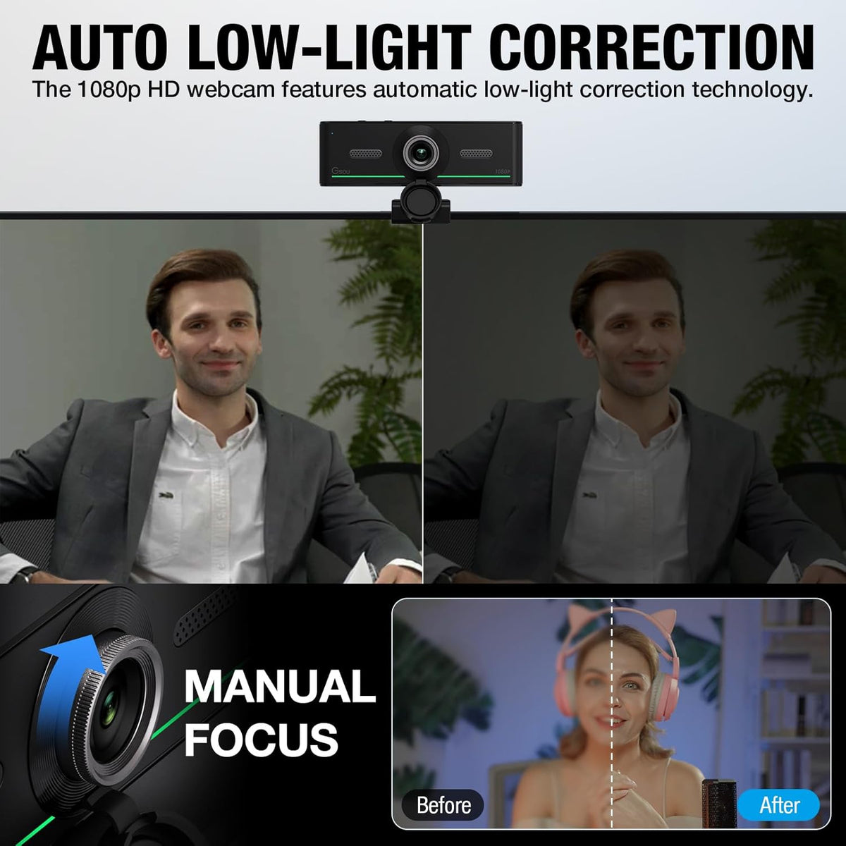 1080P Webcam with Mics, Auto Light Correction, USB Plug&Play, Privacy Cover, Computer Webcam Connect Bluetooth Headset/Earphone/Speaker, Full HD for Business Meetings & Live Streaming