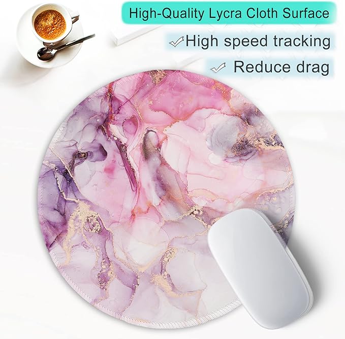 ITNRSIIET Round Mouse Pad with Stitched Edge Premium-Textured Waterproof Non-Slip Rubber Base Desktop Protection Mat Diameter 8.7 inches, Pink Abstract Marble