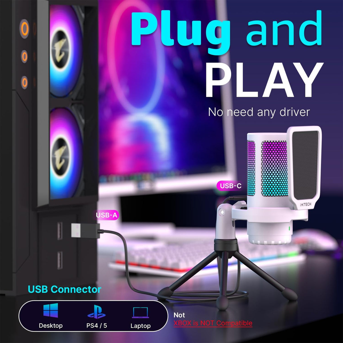 IXTECH USB Gaming Microphone for PC, RGB Condenser Microphone with Tripod Stand, Pop Filter, Rotate Gain Button, and Quick Mute, Noise Cancellation Computer Mic for Streaming, Gaming, Podcasting