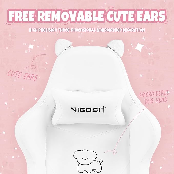 Gaming Chair Cute with Cat Ears Paw Lumbar and CushionErgonomic Computer Chair with FootrestReclining PC Game Chair for Girl Computer Chair 300lbs for Adult (White)