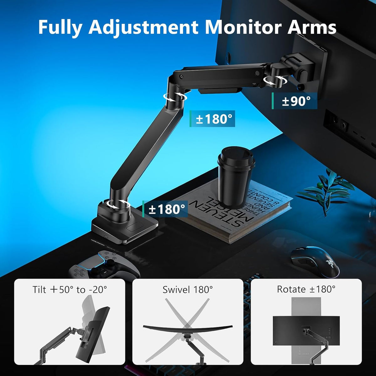 WALI Single Monitor Gas Spring Desk Mount, Heavy Duty Monitor Arm for Ultrawide Screen up to 49 inch, 44 lbs with USB. Fully Adjustable, Mounting Holes 75 and 100 (GSMU001XL), Black