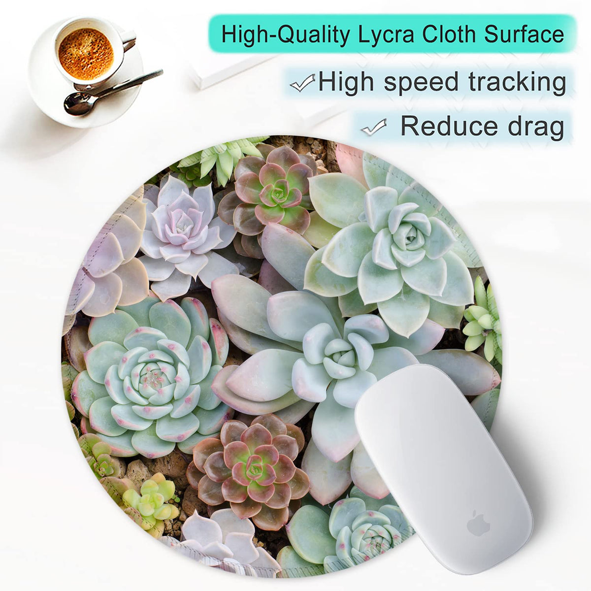 ITNRSIIET Round Mouse Pad with Stitched Edge Premium-Textured Waterproof Non-Slip Rubber Base Desktop Protection Mat Diameter 8.7 inches, Succulents