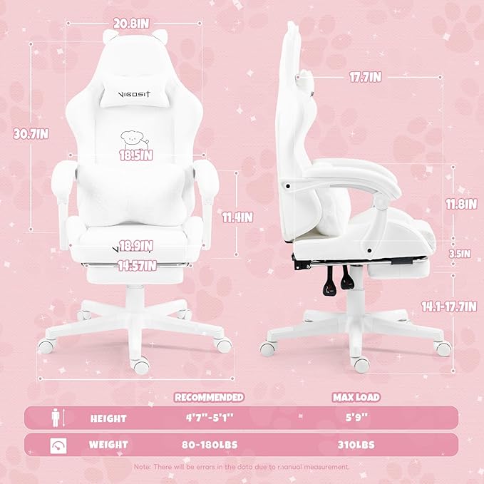 VlGOSlT Cat Ear Gaming Chair with Footrest - Adjustable Lumbar Support 310lbs Capacity.Removable Cute Ears Cotton-Filled Ergonomic Computer Chair for Girls/Teens (White)