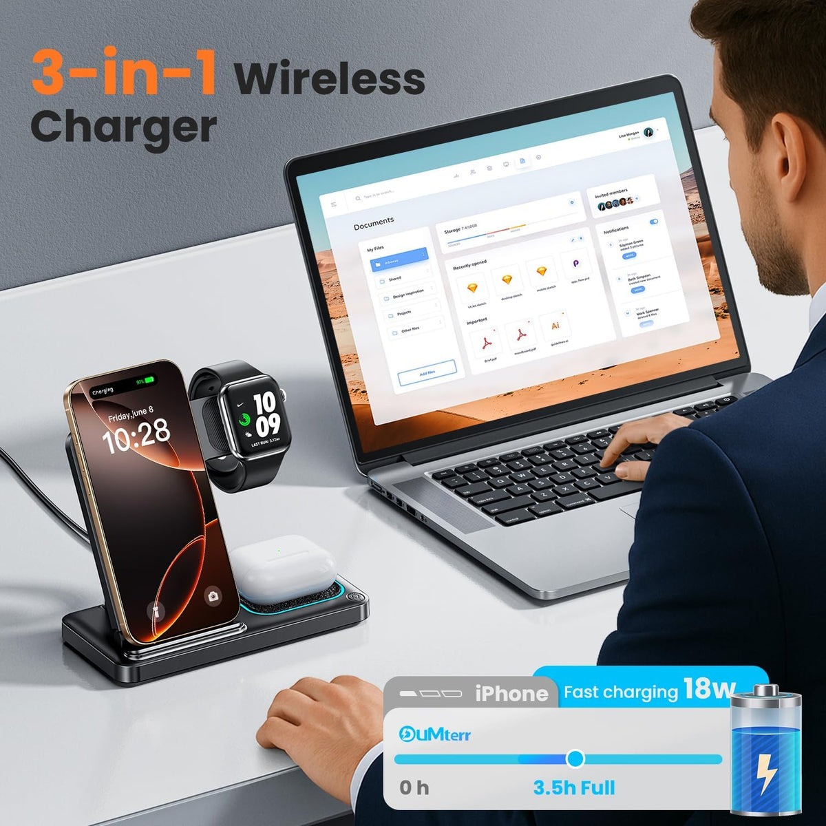 DUMTERR 3 in 1 Wireless Charger for iphone 16 15 14 13 12 11 XR 8, Apple Charging Station for Apple Watch 10/9/Ultra/8/7/SE/6/5/4 & AirPods Series, Wireless Charging Station for Multiple Devices Apple
