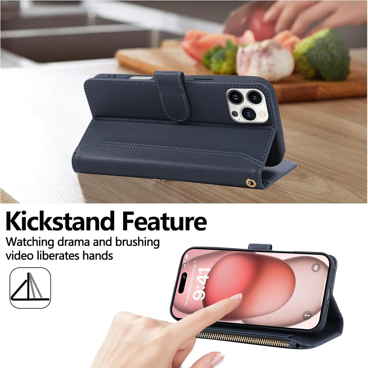 Compatible with iPhone 14 Pro Max Wallet Phone Case-PU Leather Magnetic Flip Cover with Credit Card Slots,Zipper Pocket & Detachable Wrist Strap,Shockproof Design,for Women and Men-Navy Blue