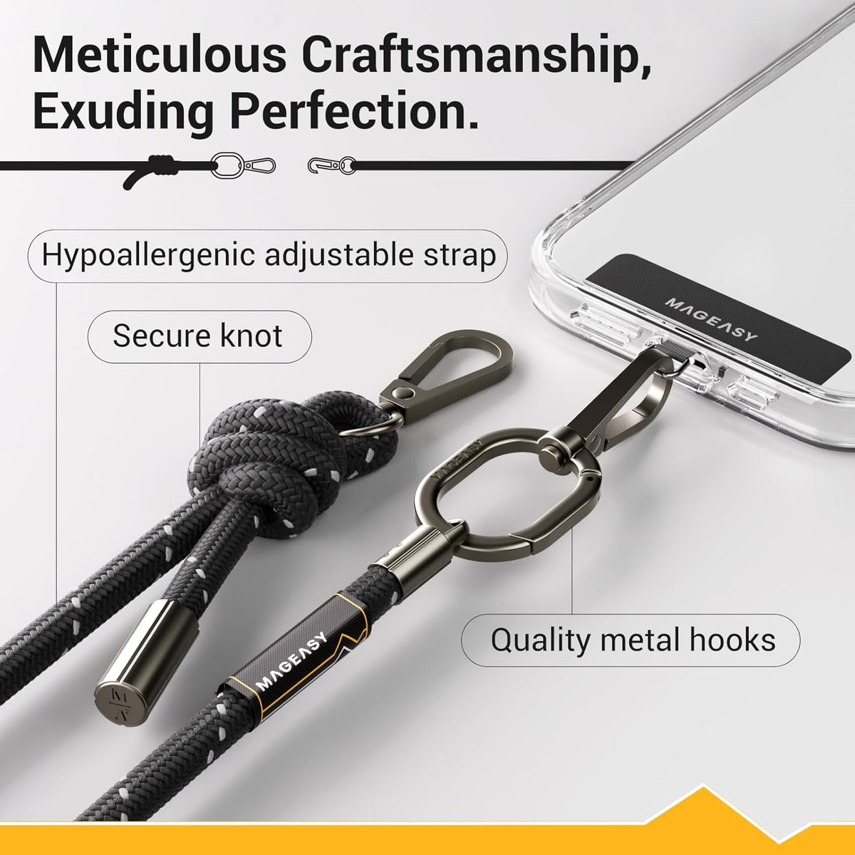 MAGEASY Universal Cell Phone Lanyard - Anti-Theft Thick Rope Crossbody Phone Strap for iPhone 16 Pro Max & Most Smartphones, for Men & Women | 8.3mm Reflect Black