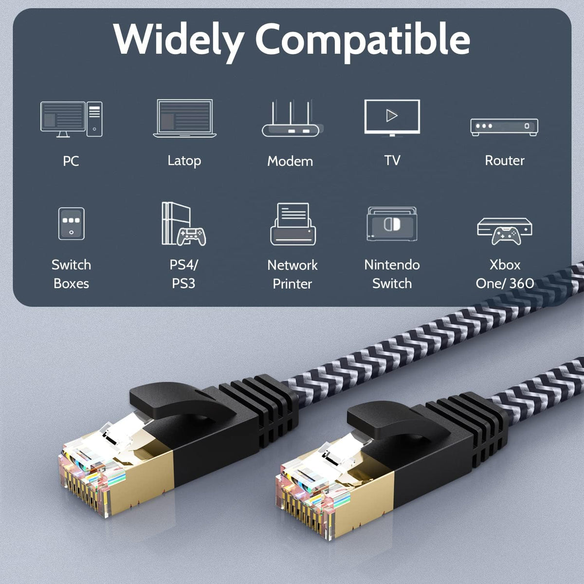 7 3ft 10Gbps Cat Ethernet Cable High-Speed, Premium Braided Flat Design for Gaming, Streaming, Home and Office