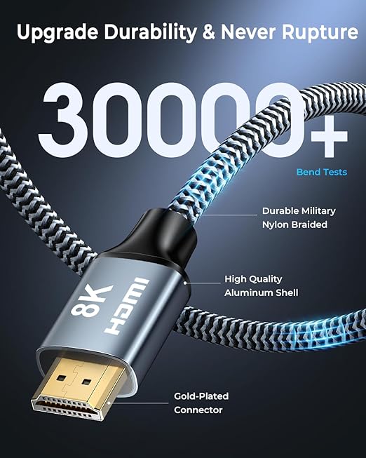 CABNEER 8K HDMI Cable 8 ft 2Pack, 48Gbps High Speed HDMI 2.1 Cable, Braided HDMI Cable 2.1 8K 60Hz 4K 120Hz Support for HDR eARC HDCP 2.2/2.3, HDMI Cord Compatible with HDTV, Laptop, Monitor, PC