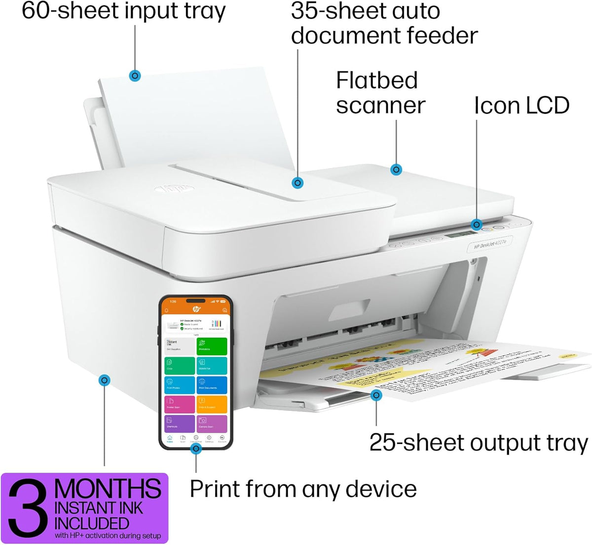 HP DeskJet 4227e Wireless All-in-One Color Inkjet Printer, Scanner, Copier, Best-for-Home, 3 Months of Instant Ink Trial Included (6W7F0A)