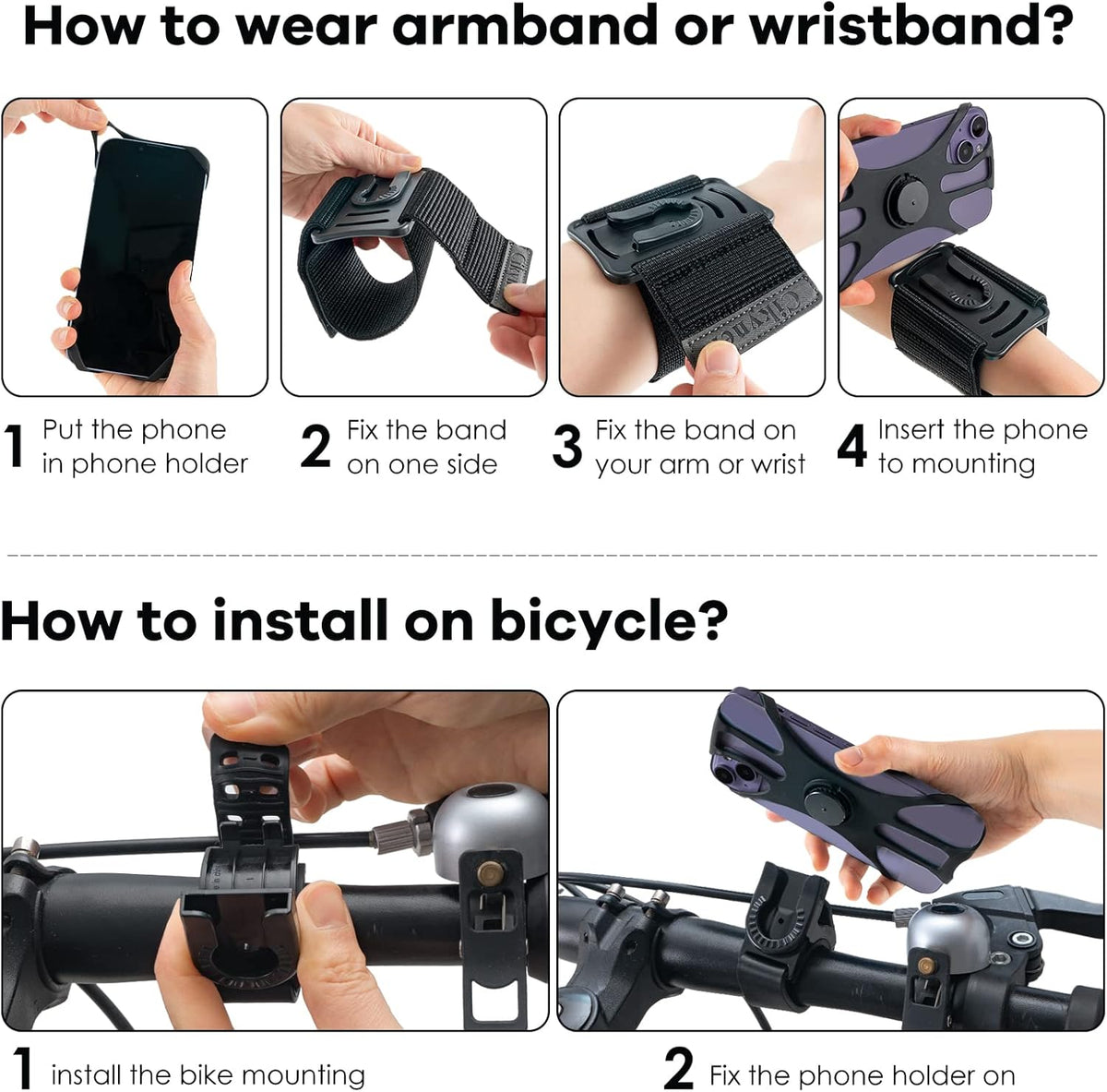 Cikyner Running Armband, Upgraded 3 in 1 Running Phone Holder Sports Armband Bicycle Phone Holder 360° Rotatable & Detachable Running Phone Armband for 4.5-7'' iPhone for Gym Running Hiking