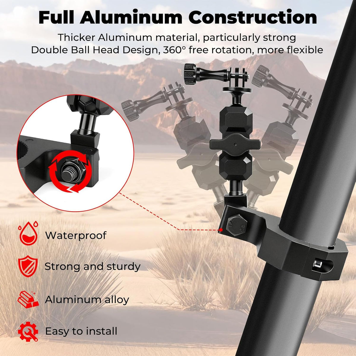 Jerbor Aluminum UTV ATV Camera Mount Holder 360° Compatible with 1.75"-2" Roll Bar and Tube, Fit for GoPro Hero,for Insta360 and Other Action Cameras
