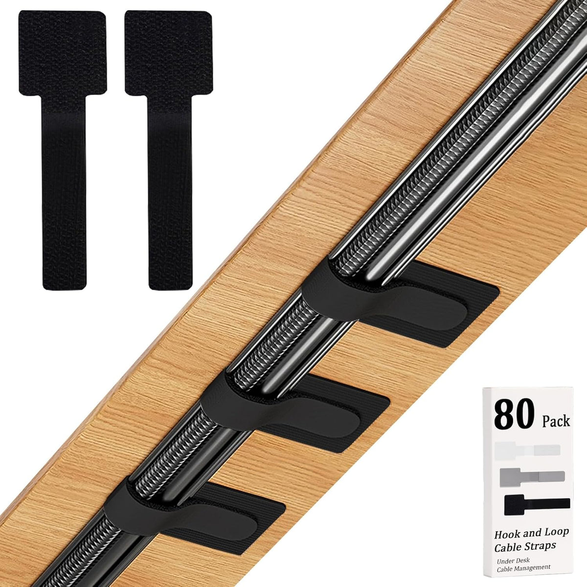 80PCS Hook and Loop Cable Straps, Cable Management Under Desk, Adhesive Cable Ties, Reusable Wire Organizers for Cords