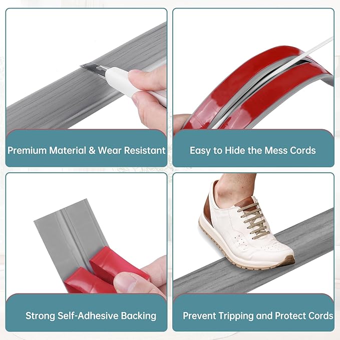 Floor Cord Cover Self Adhesive Cord Hider Floor Extension Cord Covers for Floor Power Cord Protector Cable Management Prevent Cable Trips Cable Cavity 0.47" W x 0.27" H (Light Grey Wood, 20Ft)