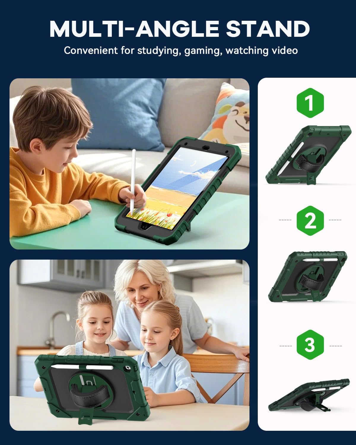 Cantis Case for iPad 9th/8th/7th Generation with Screen Protector, iPad 10.2 Case 2021/2020/2019 with 360 Degree Rotating Stand/Shoulder Strap/Pencil Holder, Alpine Green