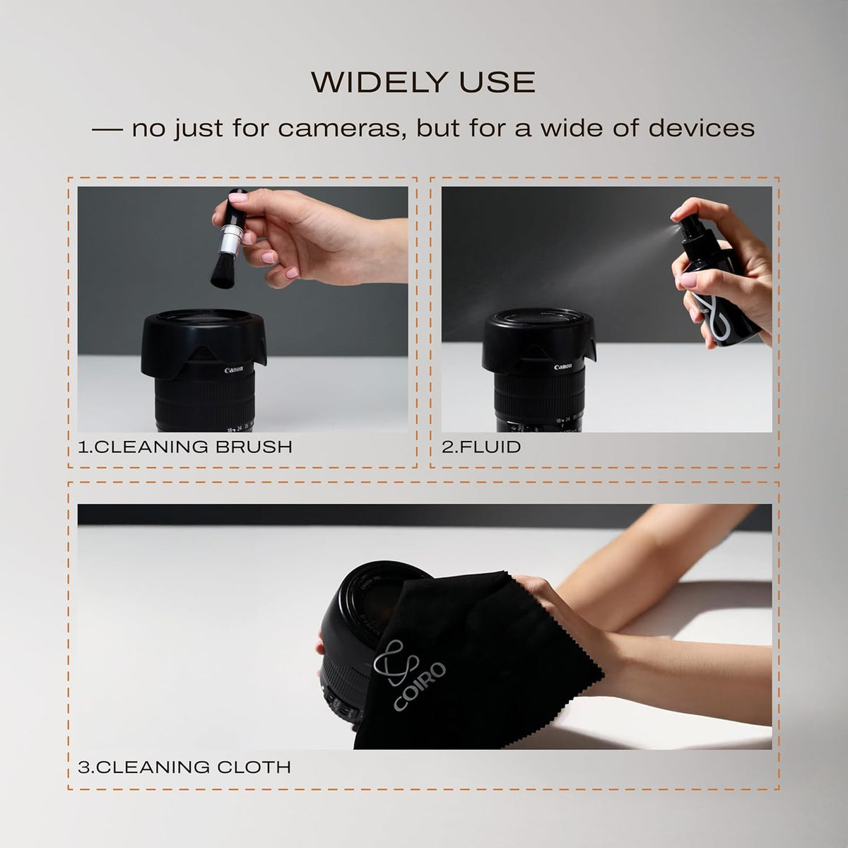 C Coiro 3in 1 100ml, Camera Lens Cleaning Kit Lens Cleaner Spray Soft Brush & Microfiber Cloth DSLR, Mirrorless Camera