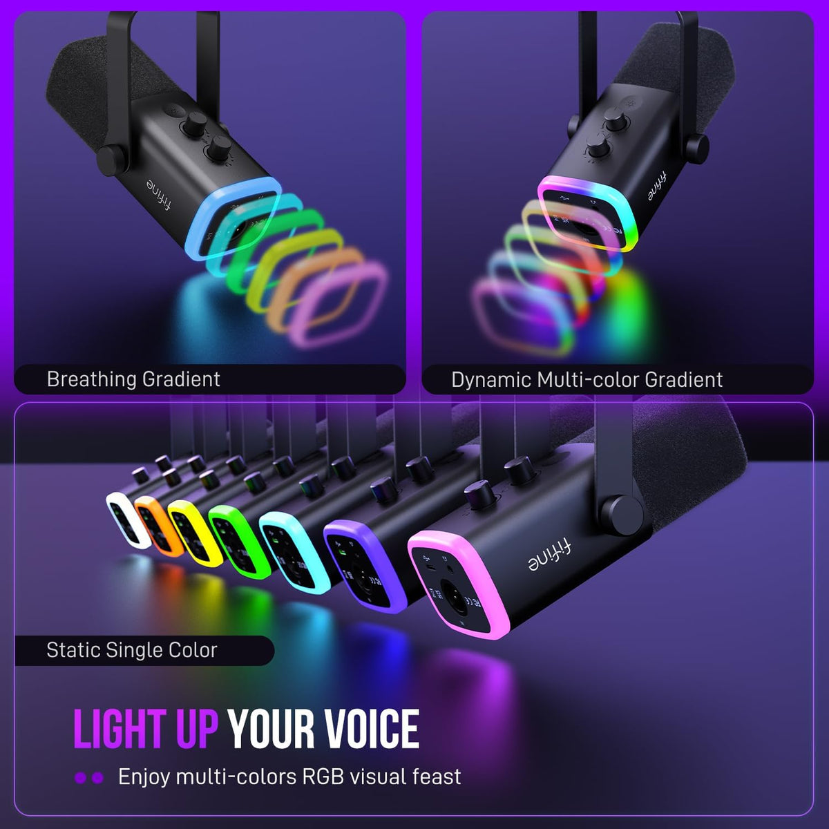 FIFINE USB/XLR Dynamic Microphone for Podcast Recording, PC Computer Gaming Streaming Mic with RGB Light, Mute Button, Headphones Jack, Desktop Stand, Vocal Mic for Singing YouTube-AmpliGame AM8