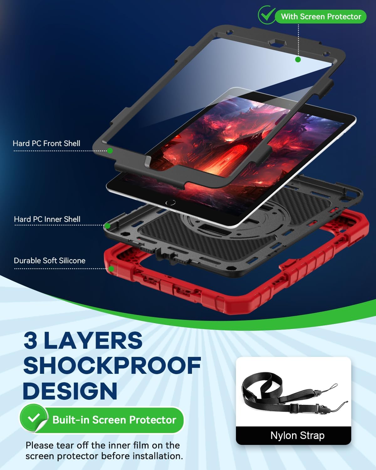 Cantis Case for iPad 9th/8th/7th Generation with Screen Protector, iPad 10.2 Case 2021/2020/2019 with 360 Degree Rotating Stand/Shoulder Strap/Pencil Holder, Red