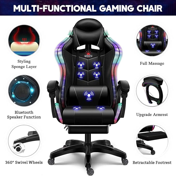 RGB Computer Chair with Footrest Massage Gaming Chair with Speakers Music Video Game Chair with Lumbar Pillow Support and Headrest High Back Gamer Chair Office Chair for Office or GamingWhite
