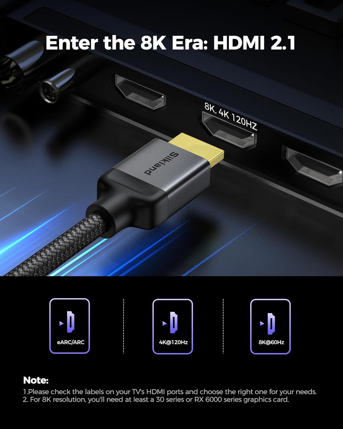 Silkland Long 10K 8K HDMI 2.1 Cable 33ft, (Upgrade Braided) Ultra High Speed HDMI Cable [8K@60Hz, 4K@120Hz] 48Gbps, HDR 10+, eARC, ARC, HDCP 2.2&2.3, Compatible for PS5/Xbox/Soundbar/Roku TV