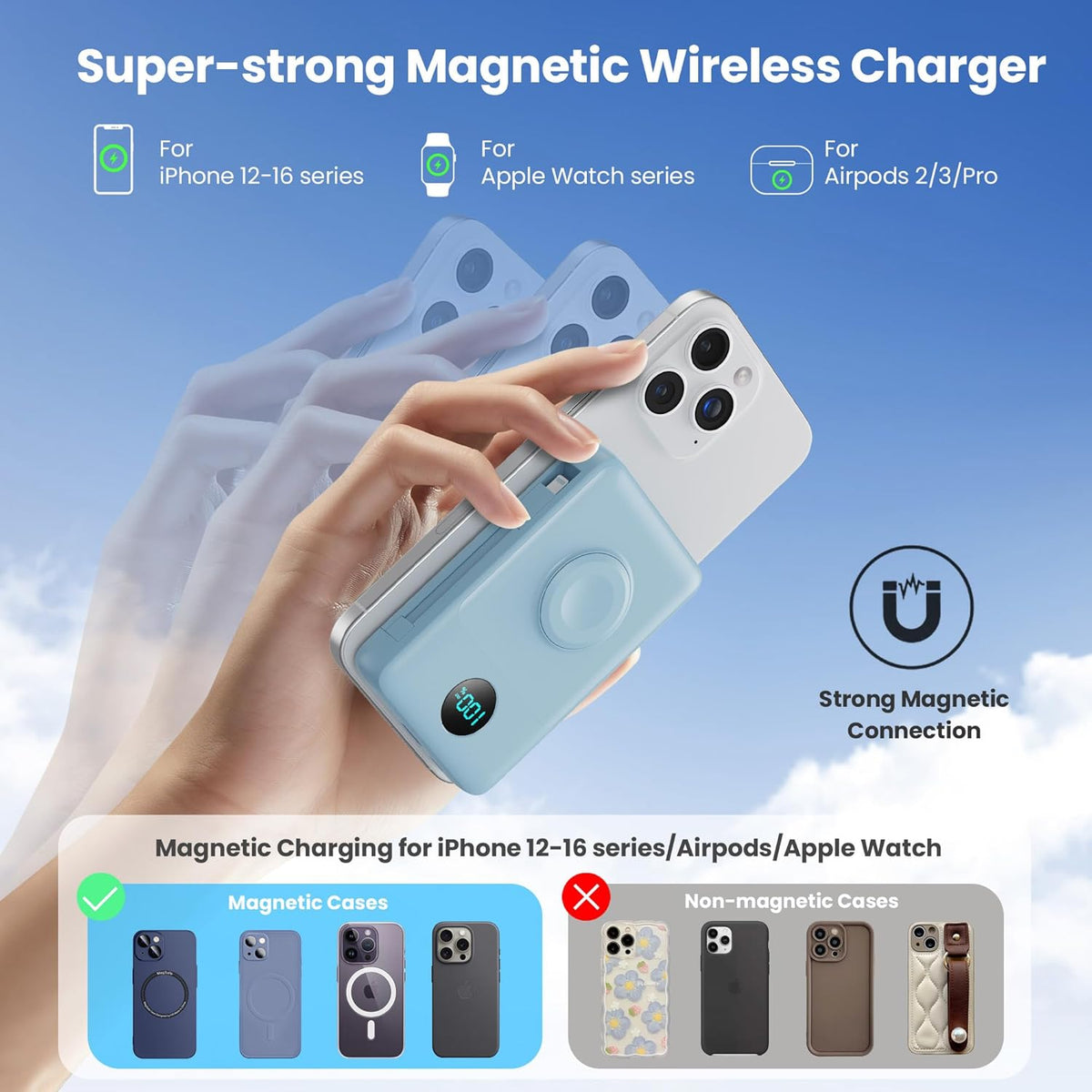 Magnetic Portable Charger 10800mAh for iPhone with Built-in Cables, 6-in-1 Wireless Power Bank with iWatch Charger, 25W PD Fast Charging USB C Battery Pack for iPhone 16/15/14/13,Apple Watch(Sky Blue)