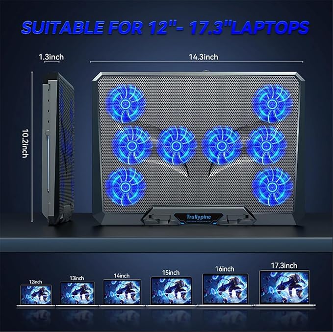 Laptop Cooling pad for Hp Chromebook 11MK G9 EE Gaming laptops Laptop Cooler with 8 Fan Adjustable Speed 5-Level Height Adjustment Mute Silent2 USB-A PortBuilt-in Phone Stand