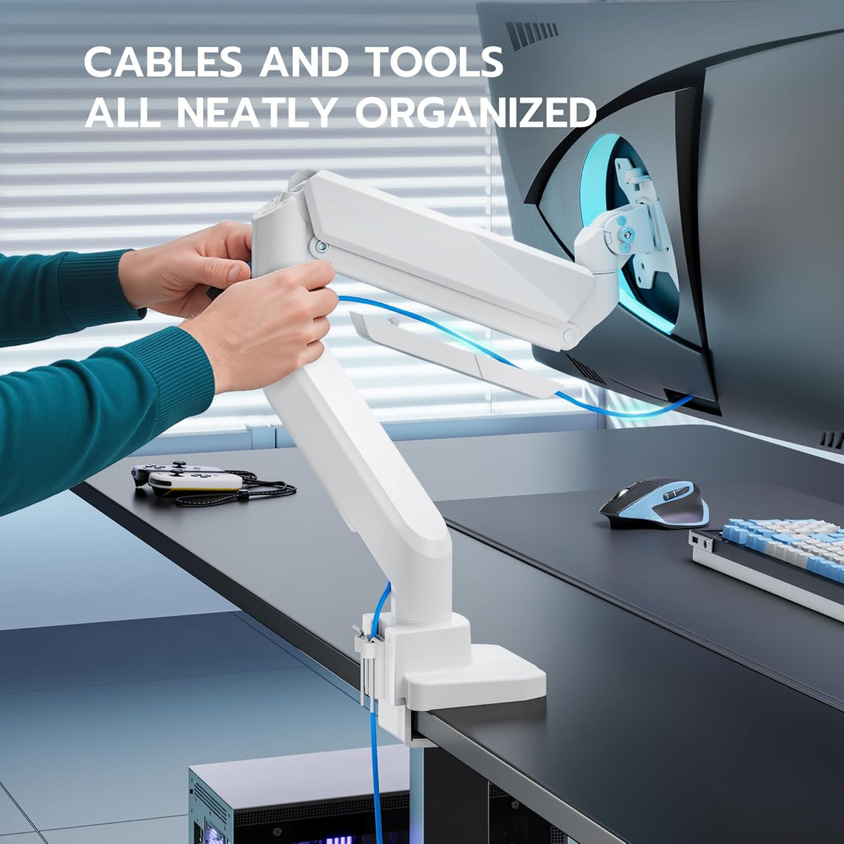 ARES WING Single Monitor Arm, Heavy Duty Adjustable Monitor Arm for 13"-45" Screens with USB, Gas Spring Desk Mount Stand with C Clamp/Grommet Mounting Base up to 40lbs Computer, White