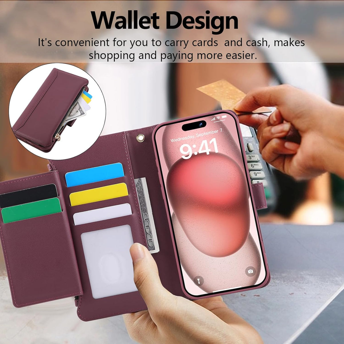 Compatible with iPhone 16 Wallet Phone Case-PU Leather Magnetic Flip Cover with Credit Card Slots,Zipper Pocket & Detachable Wrist Strap,Shockproof Design,for Women and Men-Claret