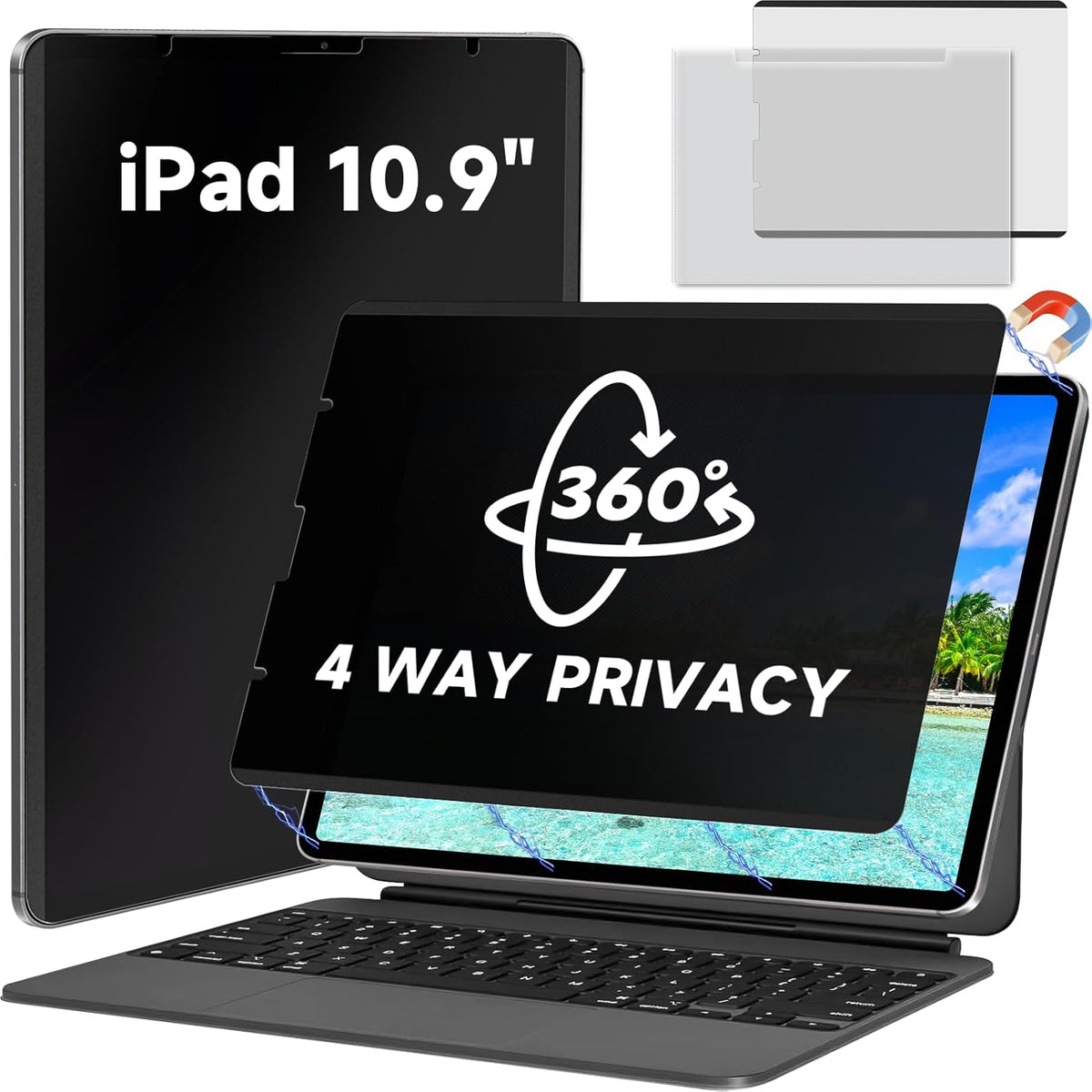 Magnetic 360° Privacy Screen Protector Compatible with iPad A16 (10th/11th Generation) 10.9/11 Inch 2022/2025, Anti Glare Shield Anti Blue Light Filter, Bubble-Free Film Easy Install Black Guard