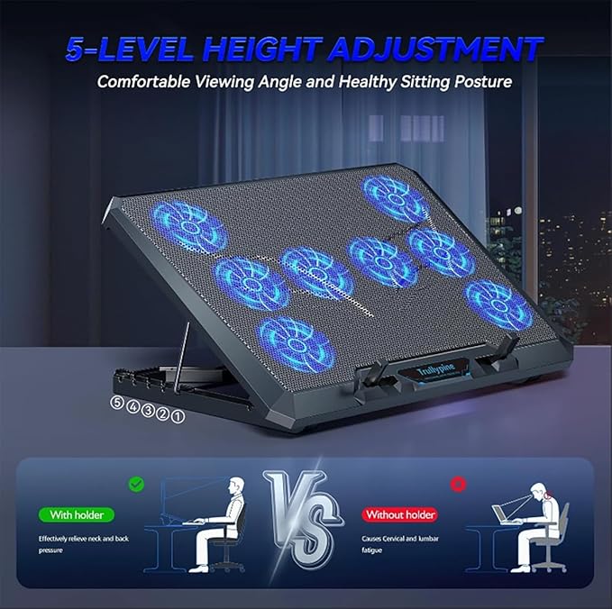 Laptop Cooling pad for Asus AiO PC ET2300 Gaming laptops Laptop Cooler with 8 Fan Adjustable Speed 5-Level Height Adjustment Mute Silent2 USB-A PortBuilt-in Phone Stand