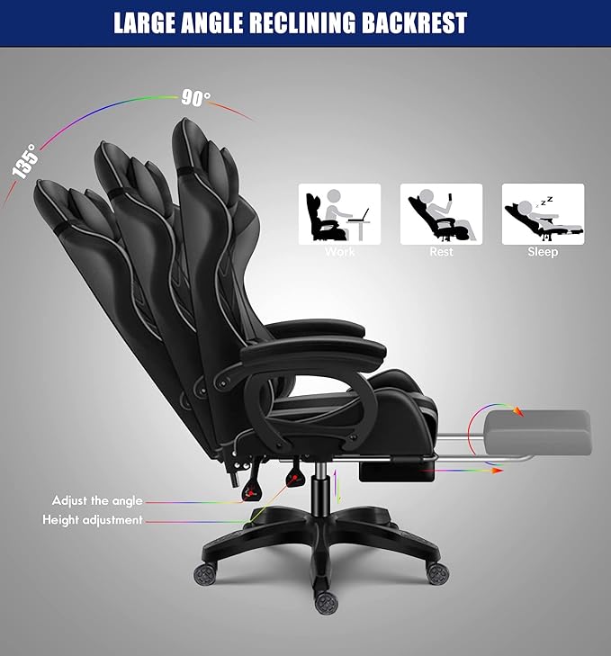 TBQATNTS Gaming Chair Gaming Chair with 7-Point Massage Function Computer Chair with Speakers and RGB Lights Ergonomic Racing Chair Gaming Chair for Adults with Headrest and Lumbar Pillow.Black
