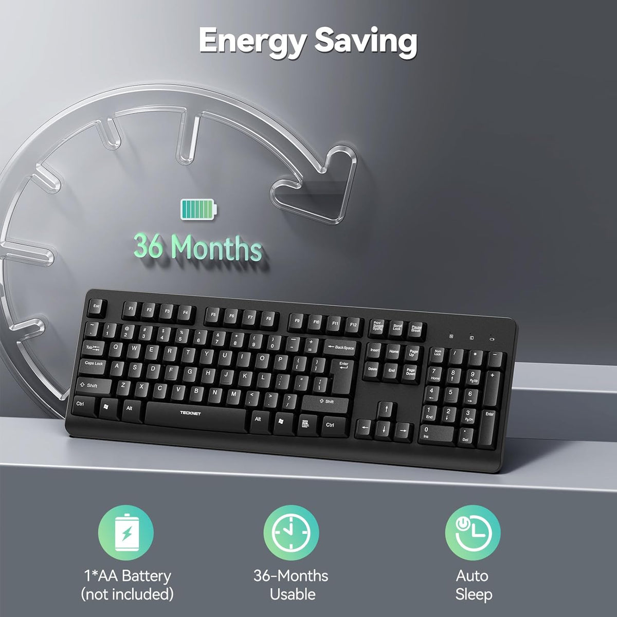 TECKNET Wireless Keyboard, 2.4G Silent Full-Size USB Keyboard with Number Pad, Ergonomic Keys & Foldable Feet, Compatible with Laptop, PC, Desktop, Surface, Windows 11/10/8/7 – QWERTY US Layout, Black