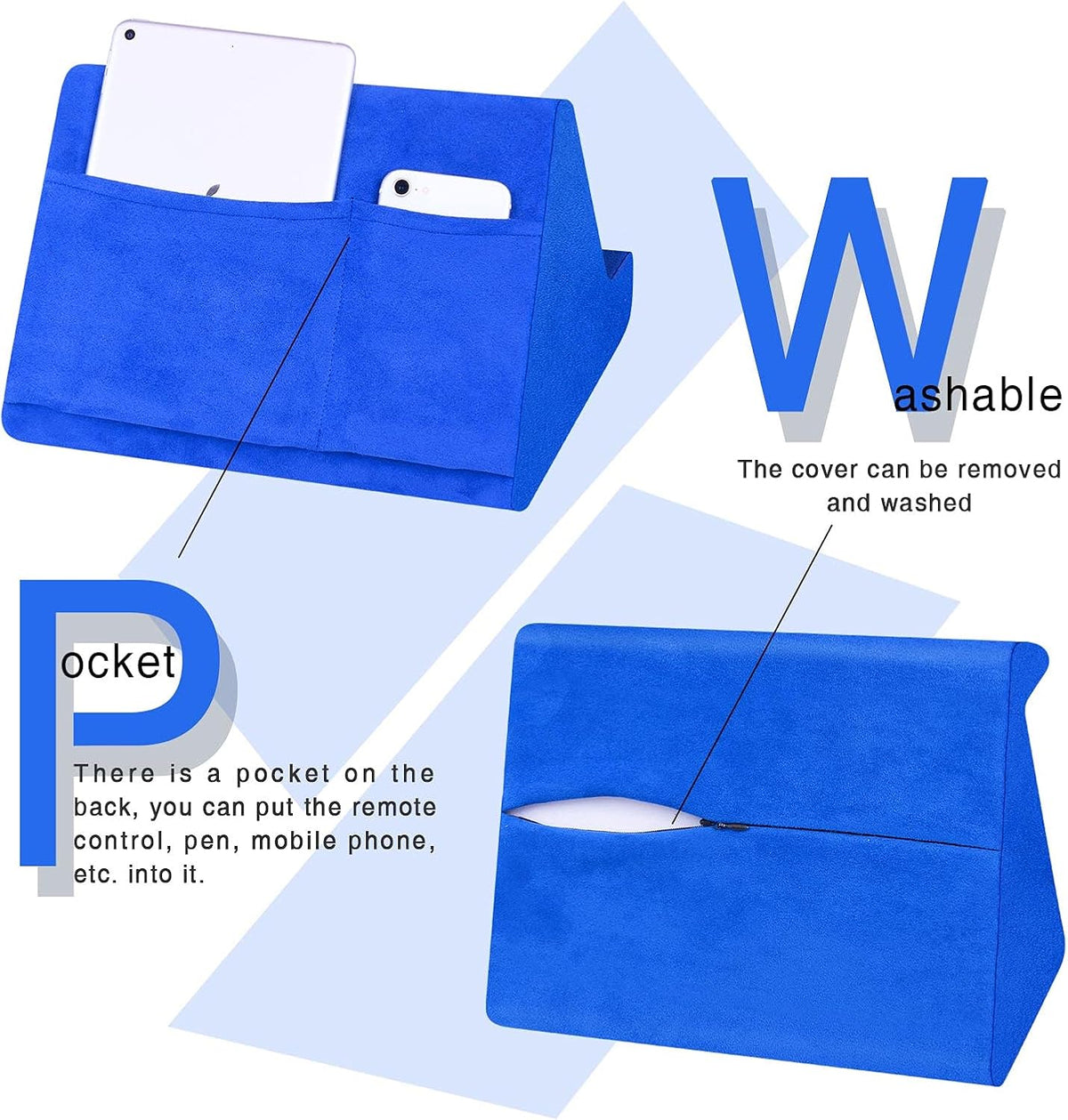 Soft Blues Electrical Blue Pillow Stand with Pocket - Lazy Holder for Bed Sofa with Adjustable Viewing Angle - Compatible with iPads Tablets eReaders Smartphones Books Magazines