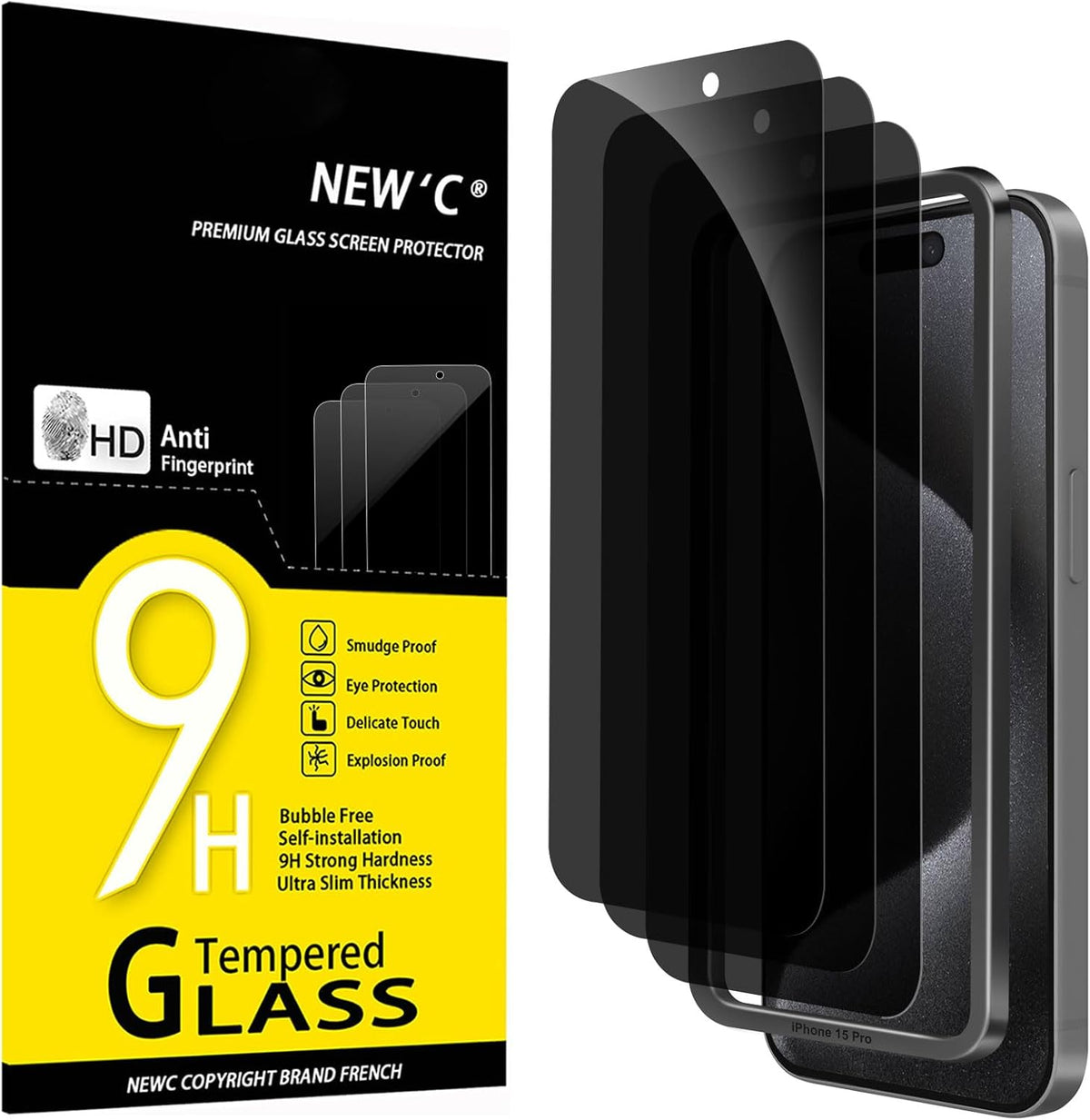 NEW'C 3 Pack Privacy for iPhone 15 Pro Screen Protector (6.1 inches), Anti-Spy Tempered Glass Film,Case Friendly Ultra Resistant,Balanced 28-Degree Privacy Angle - Easy installation tool included