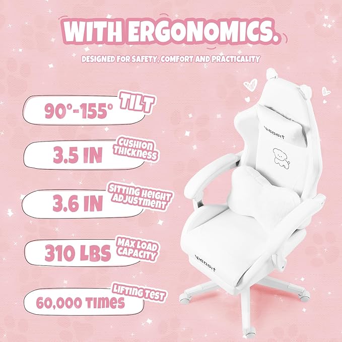 Gaming Chair Cute with Cat Ears Paw Lumbar and CushionErgonomic Computer Chair with FootrestReclining PC Game Chair for Girl Computer Chair 300lbs for Adult (White)